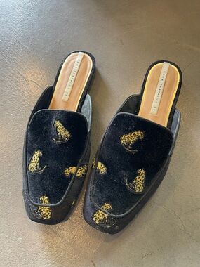 Zara Black Velvet Slip-On Mules with Gold Cheetah Detail Size EU 40